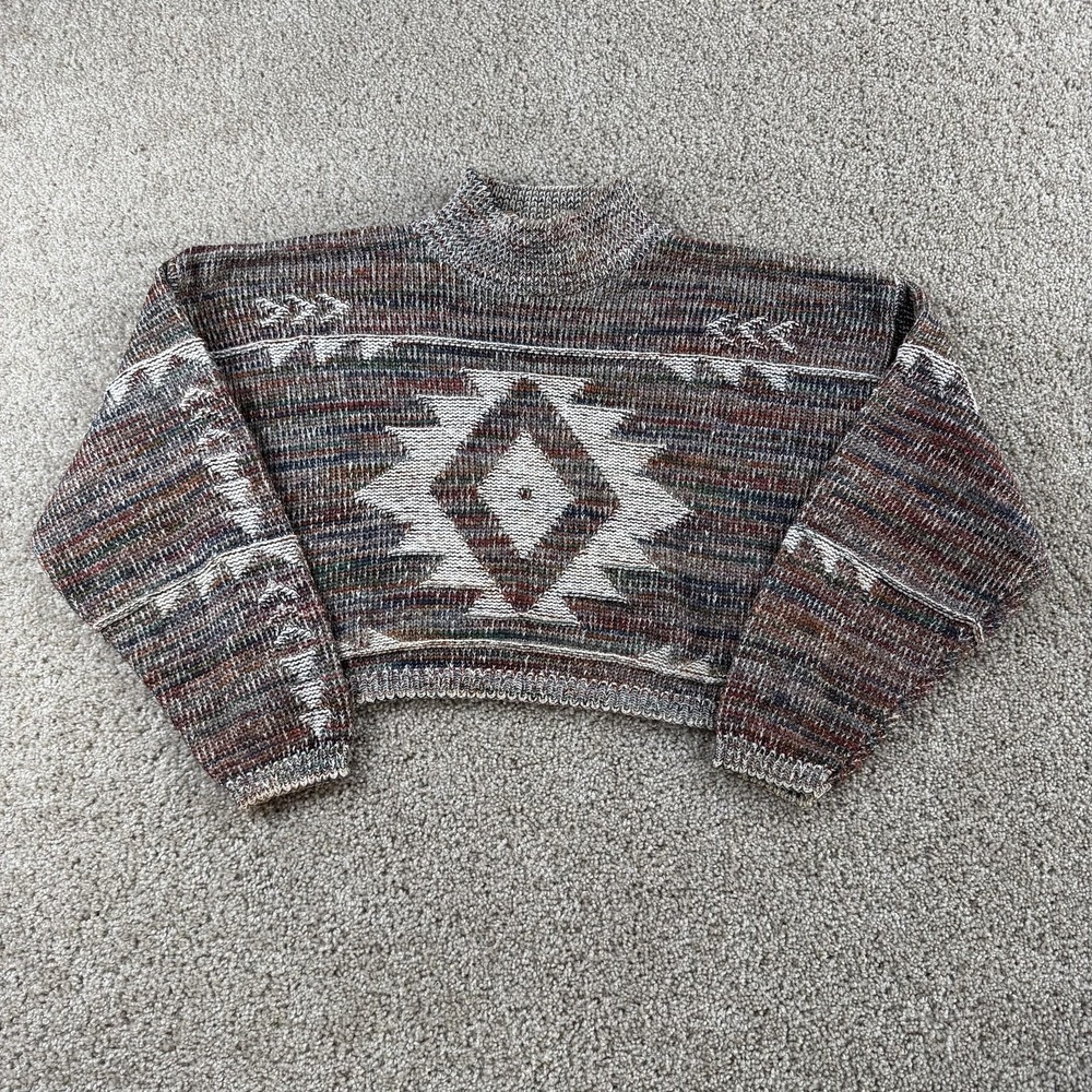 Vintage Mixed Blues Sweater Womens Medium Multicolor Mock Neck Aztec Chunky-Knit